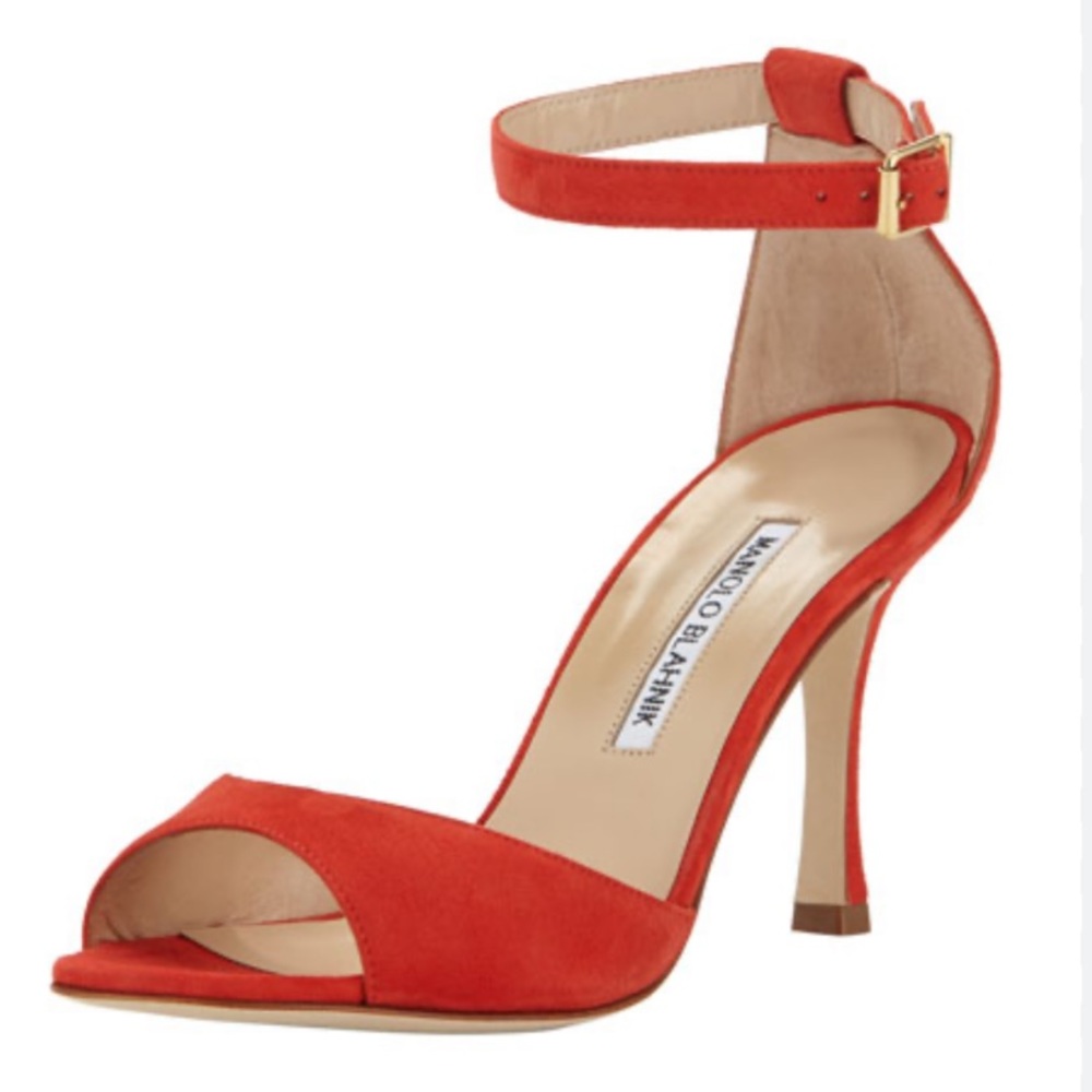 Manolo Blahnik Red Suede Ankle-Strap Stiletto Sandals